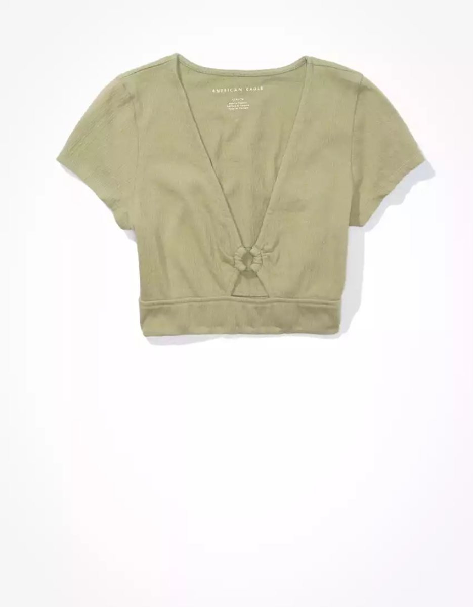 T Shirts American Eagle AE Super Cropped Ring-Front Tee Vert Olive Femme | DPT-22387320